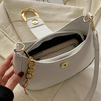 حقيبة كتف أنيقة على شكل هلال أسود للنساء - لون سادة أنيق، جلد صناعي مع مشبك آمن للإغلاق 6