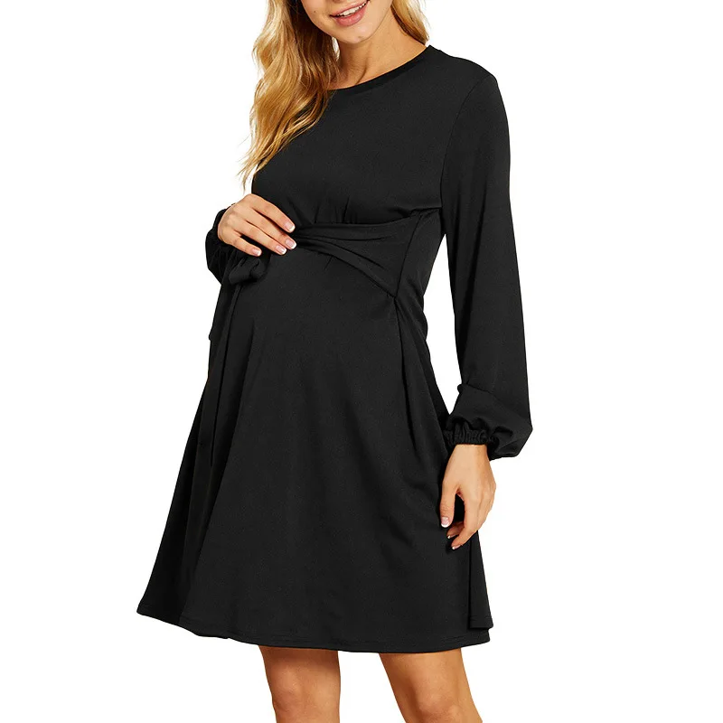 

Maternity Dresses Autumn Fashion Pregnancy Round Short Sleeve Solid Dress Lace-Up Maternity Clothes Pregnant Long Dress Vestido