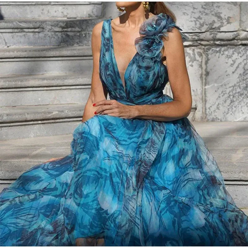 3D Floral V-Neck Lace Up Midi Dress