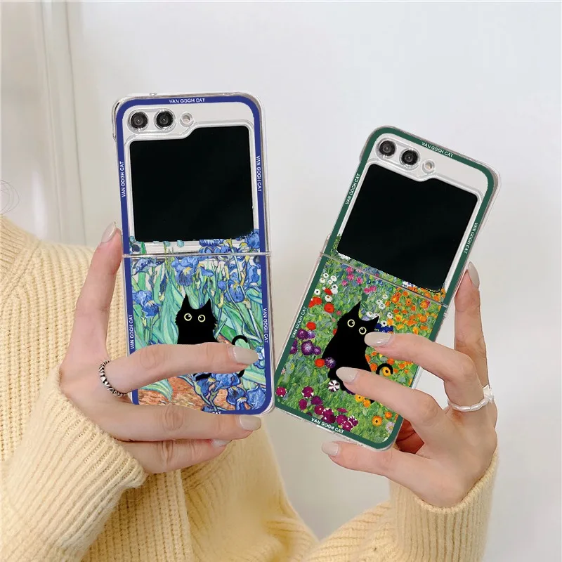 Aesthetic Black Cat Art Van Gogh Clear Folding Phone Case - Hard Cover for Samsung Z Flip Series