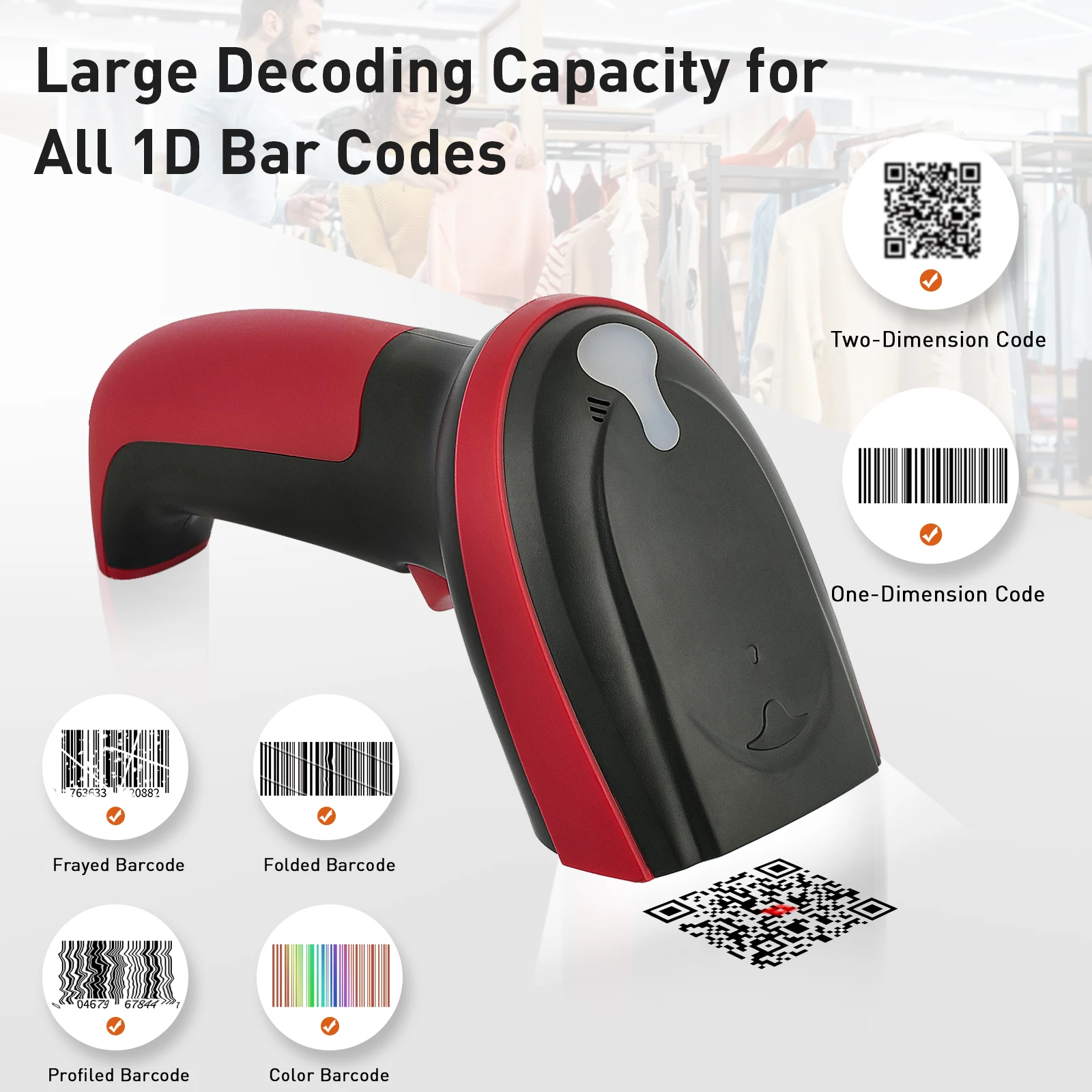 JRHC Wired QR 2D barcode scanner handheld USB Wired Handheld Bar Codes Reader Data Matrix Bar Code for Inventory POS Terminal clearscanner