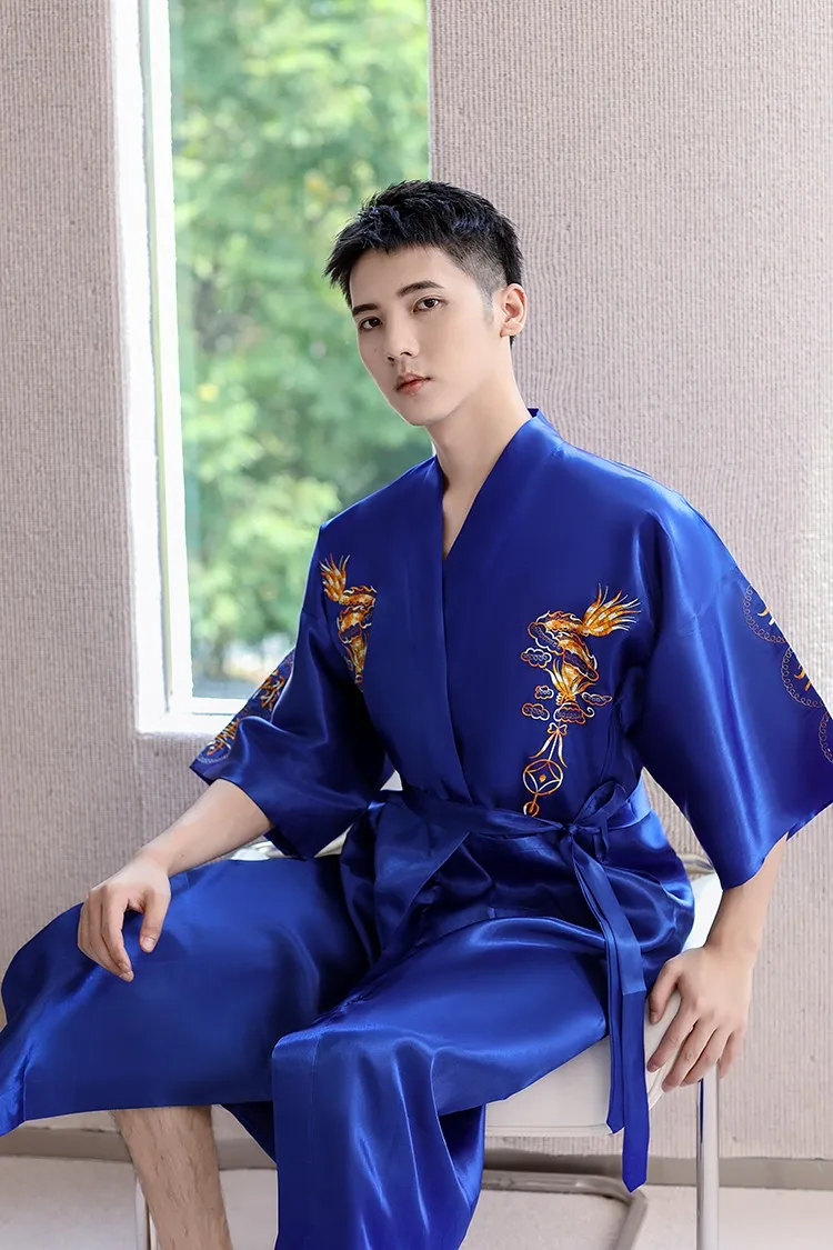 Sleepwear Men Robe Embroidery Dragon Summer Kimono Bath Gown Sexy Nightwear Loose Bathrobe Lingerie V-Neck Oversized Loungewear mens silk pajamas