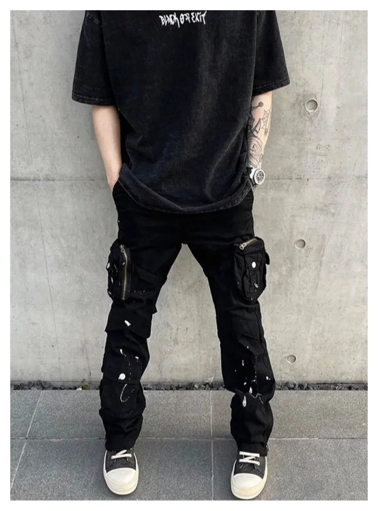 Street Strap Speckled Ink Pocket Stereoscopic Cut Micro Horn Workwear Pants Hip Hop High Street Punk Stacked Casual Pants