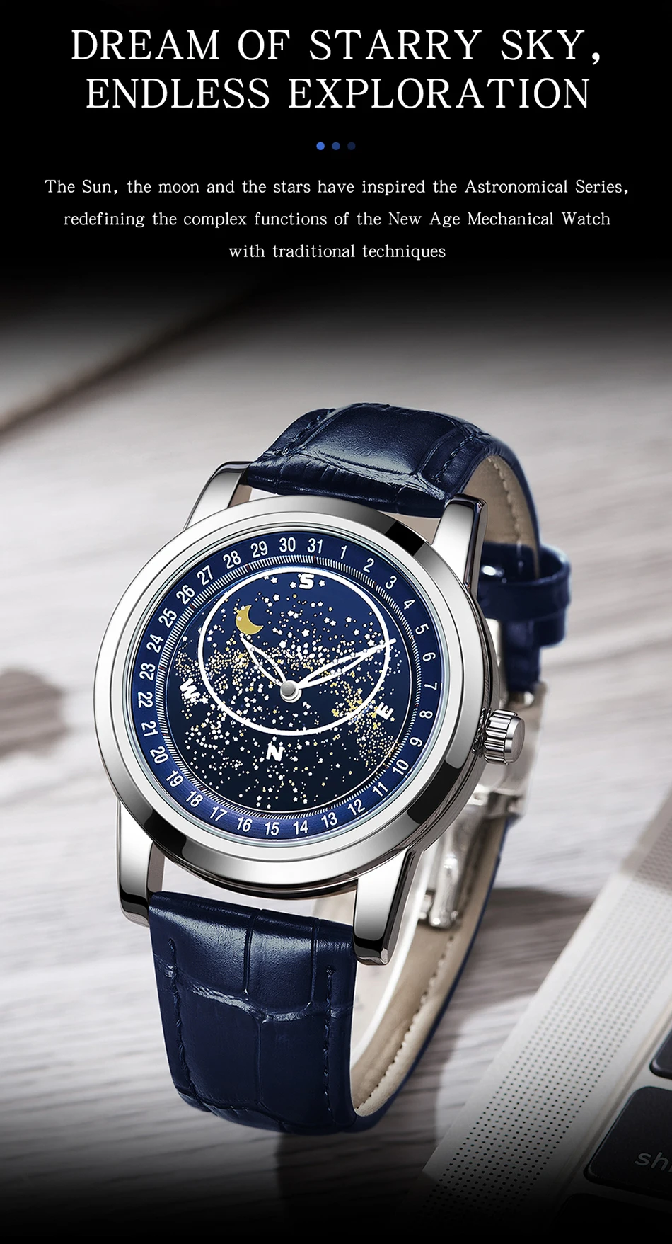 Sanda Men's Watches Quartz Men Watch Luxury Starry Sky Dial Fashion Luminous Waterproof Watches Genuine Leather Strap For Men 7002