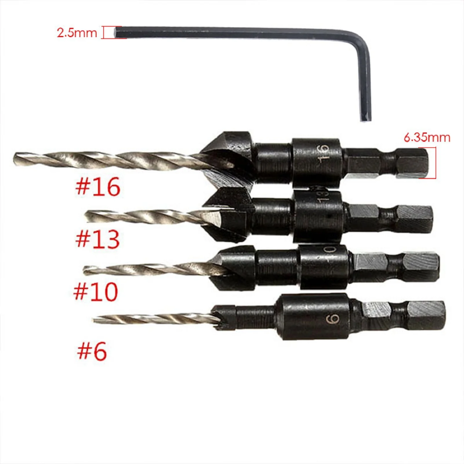 

4Pcs HSS Steel Countersink Pilot Hole Drill Bits Set Screw Woodworking Chamfer Tools #6 #10 #13 #16 with 2.5mm Hex Shank Wrench