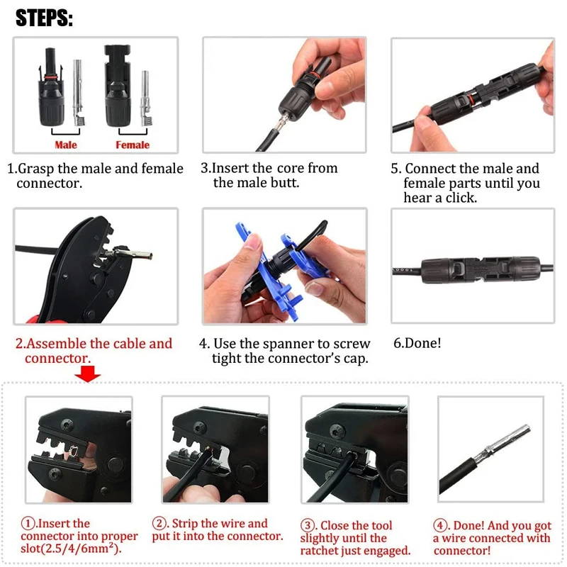 Solar Crimping Pliers Tools Kit for MC4 Cable Electeical Connectors Solar Panel PV Cable 6 Male Female Connectors Termianls Sets 6