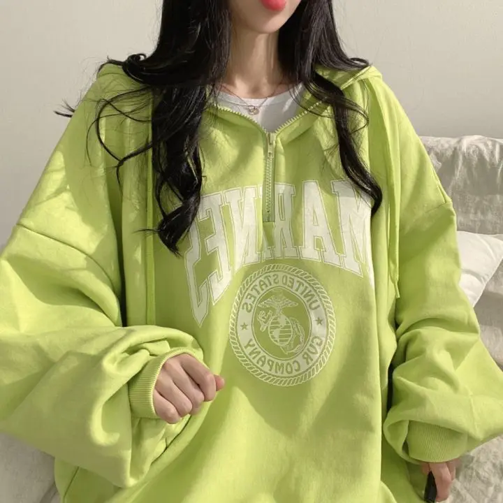 Sudadera holgada con capucha y estampado de marines para mujer - true deals club