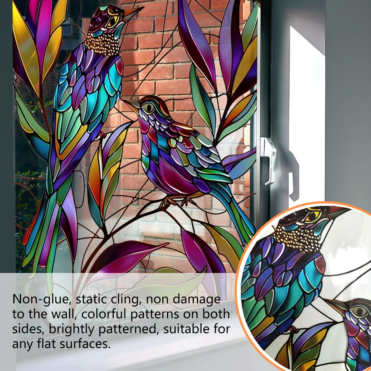 Colorful Hummingbird Leaves Electrostatic Stickers for Window Displays Glass Sticker Double-sided Printing Visible Adhesive Free
