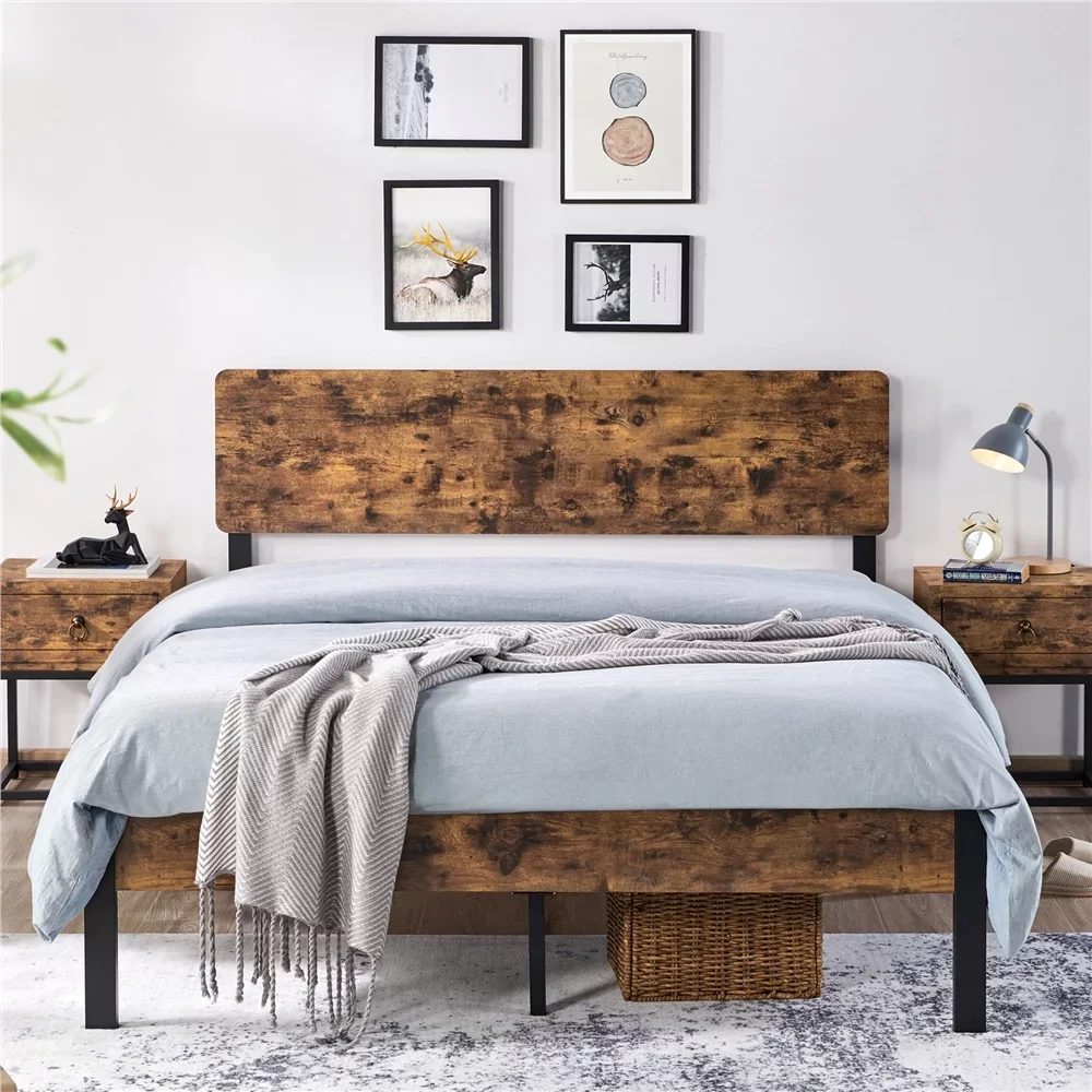 

Metal Bed Frame with Wooden Headboard, Rustic Brown, Queen