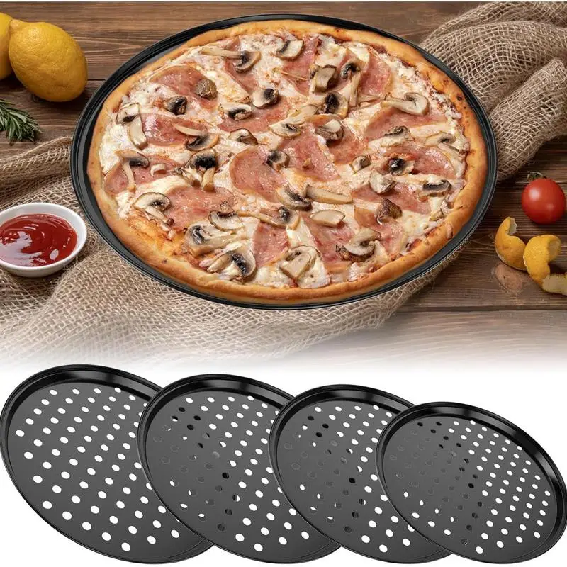 

Round Pizza Pan Pizza Tray Pizza Sheet Carbon Steel Baking Pan 4 pcs Perforated Pizza Pan Non-Stick Pizza Oven Pan for Cooking