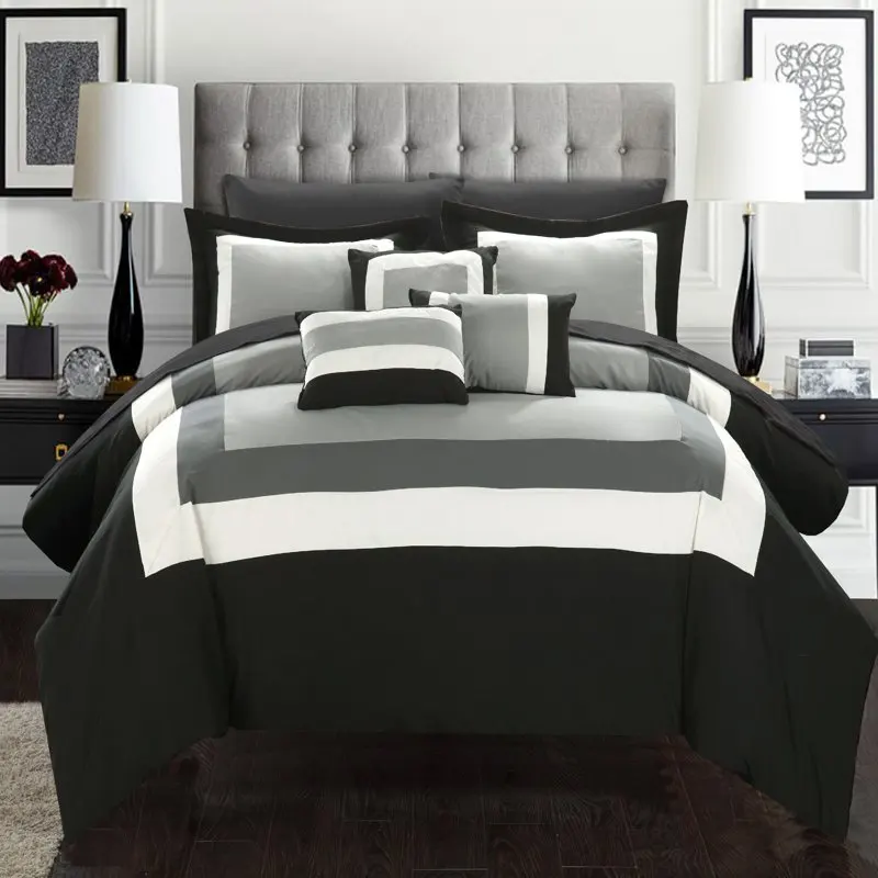 

10-Piece Pieced Color Block Bed in a Bag Comforter Set, ,Black