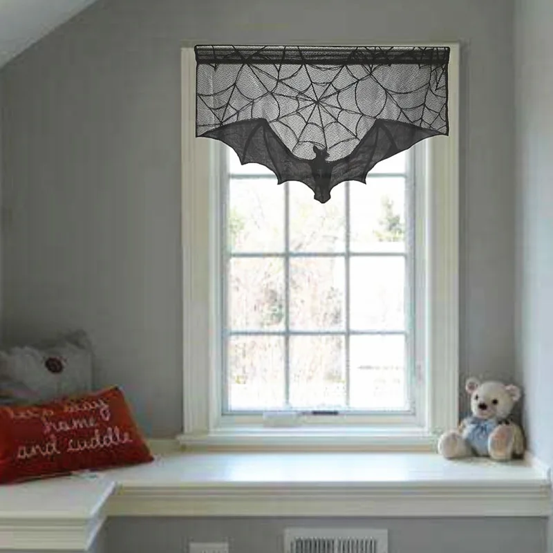 Halloween Decorative Bats Tablecloth Black Lace Spider Web Curtains Stove Towel Lampshade Fireplace Cloth For Spooky Festival
