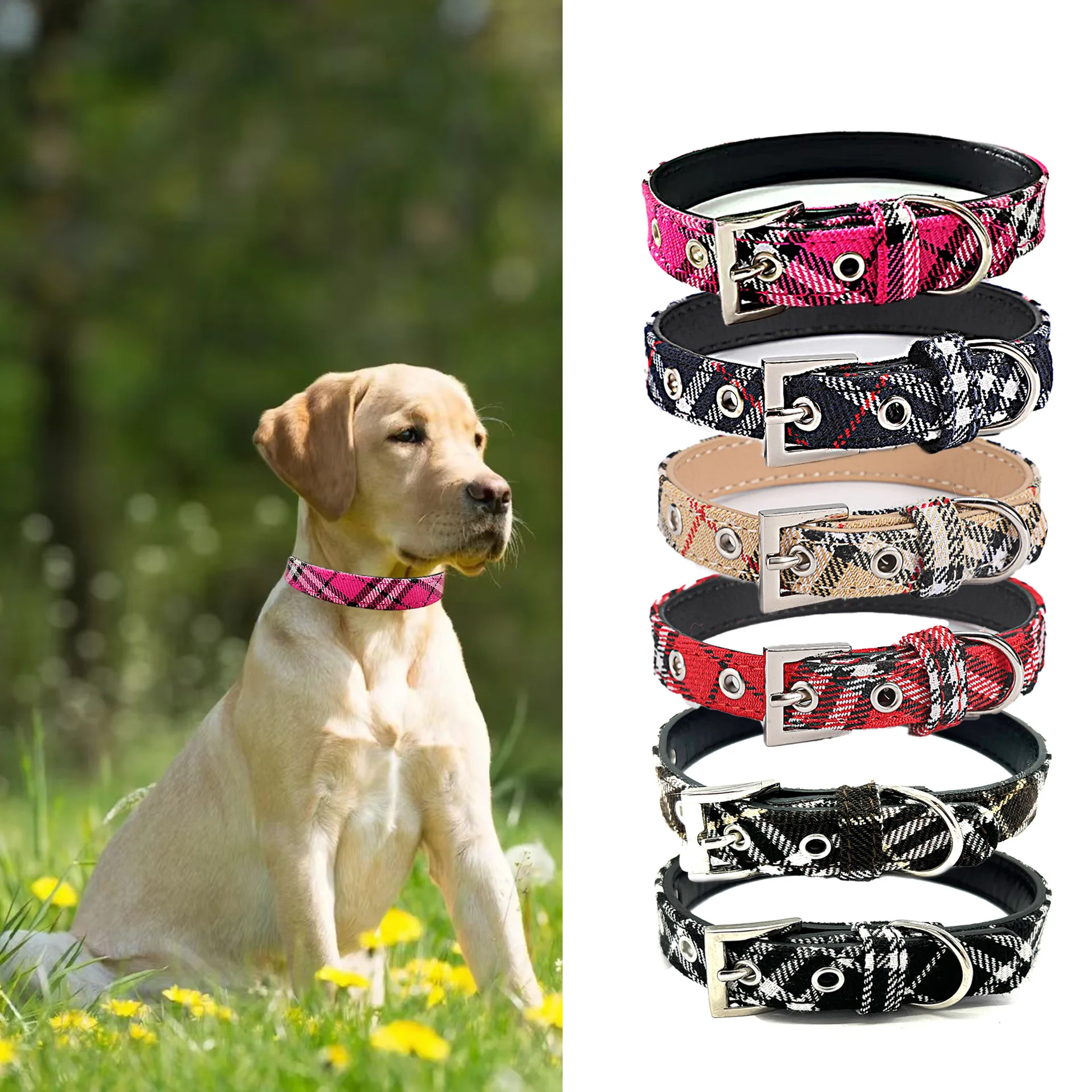 Pet collar plaid cloth dog collar classic PU dog walking dog pet supplies four seasons outing Pet collar plaid cloth dog collar classic PU dog walking dog pet supplies four seasons outing