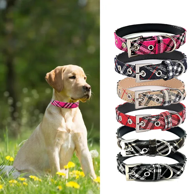 Pet collar plaid cloth dog collar classic PU dog walking dog pet supplies four seasons outing