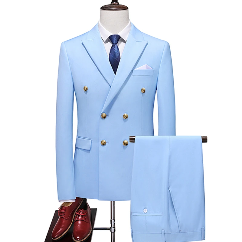 Men Slim Fit Fashion Business Casual Double Breasted Blazers Jacket Coat Trousers Wedding Groom Party Skinny 2 Pcs Suits Pants mens suit