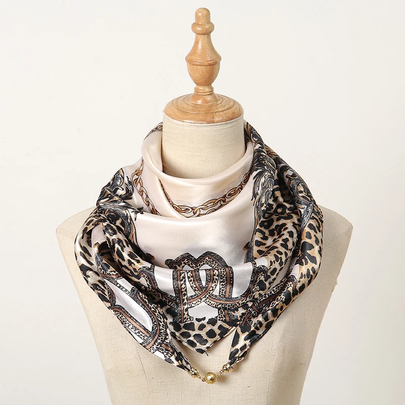 Fashion Leopard Print Chain Square Scarf Shawl Magnetic Suction Design Satin Slik Towel For Women Casual Scarves Wholesale 5