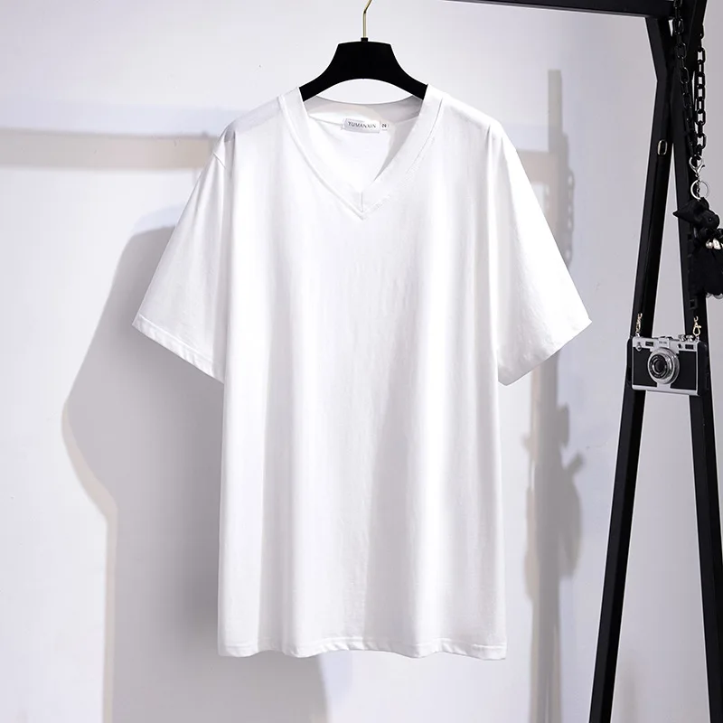 175Kg 7XL Plus Size Women\'s Bust 170 Summer Loose Solid Short-Sleeved V-Neck T-Shirt 2XL 3XL 4XL 5XL 6XL 7XL 6Colors