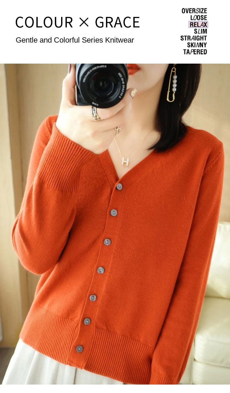 Early Autumn New Andy Cashmere Knit Cardigan V-Neck Solid Color Fashion High-Grade Comfortable Loose Casual Knitwear -GH021