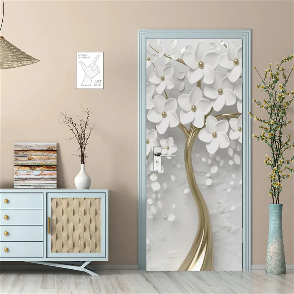Door Wallpaper Stickers Fridge Sticker Customized 3D Door Stickers Refrigerator Stickers Self-adhesive Waterproof Pearl Thread Wealth Tree Home Decoration Door Dec