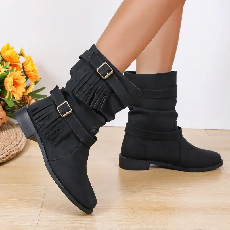 

Shoes for Women 2023 Hot Sale Slip on Women's Boots Winter Round Toe Solid Flock Pleated Short Barrel Chunky Heels Roman Boots