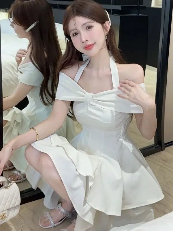 

New Simple Slim Style Bow Tie Hanging Neck Cake Princess Solid Folds Short Women Sweet Off Shoulder Strap Bubble Dress I6JA