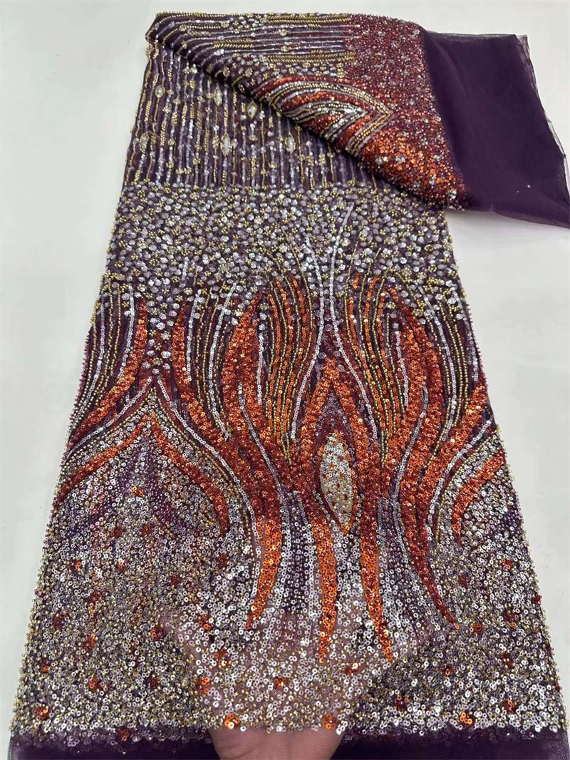 

Orange Bridal Nigerian Wedding Gown Dress African Lace Fabric High Quality 5 Yards Embroidery Beaded Lace Fabric Luxury,2024