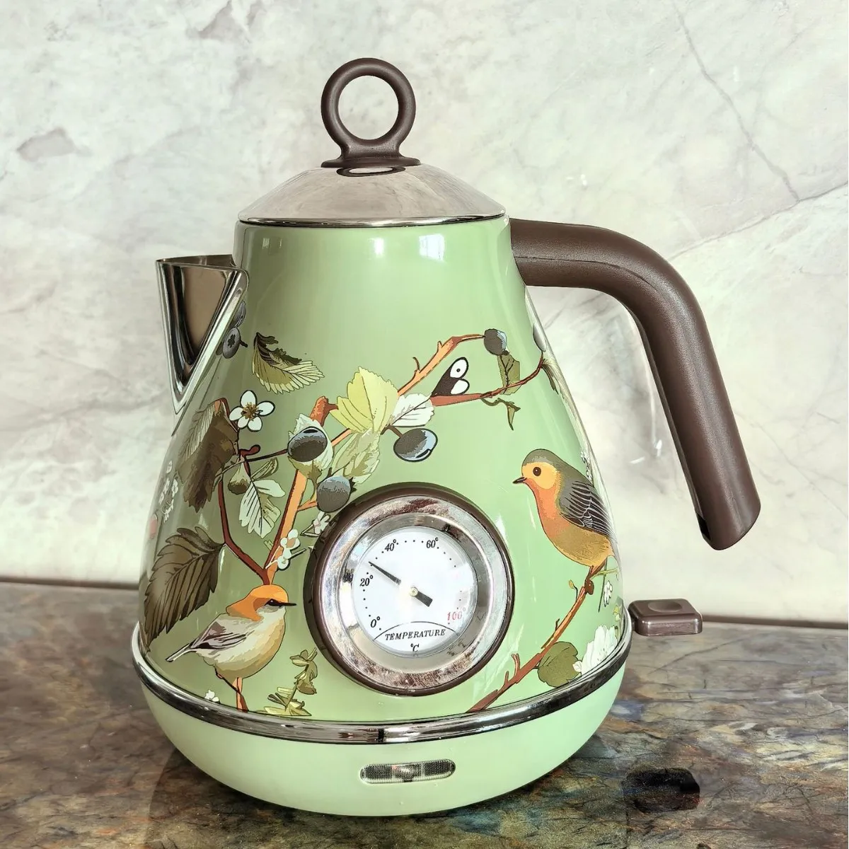 Automatic Power Off Retro Green Paint Decal Electrc Kettle Boiling Water with Thermometer 304stainless Steel 1850w 1.7L 4