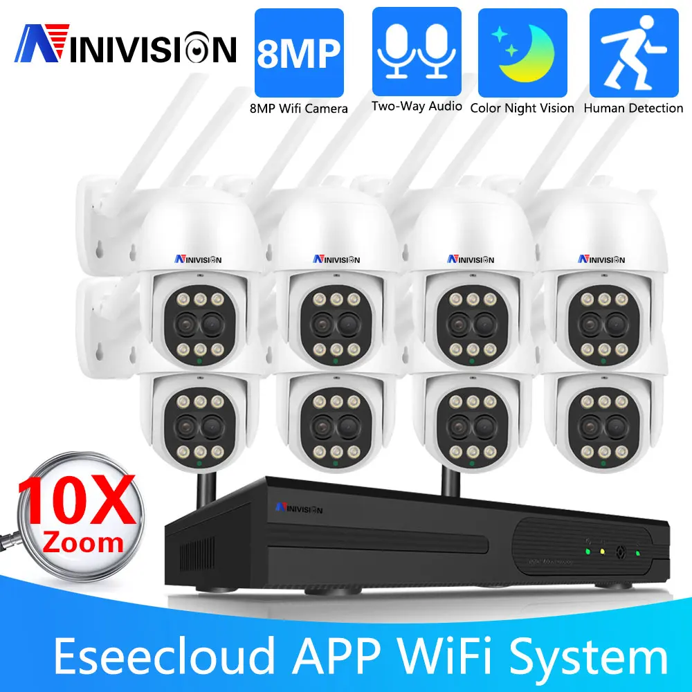 8Channel 4K 10X Zoom Dual Lens Wifi Auto Track CCTV PTZ IP Camera Security System Set Wireless NVR Camera Video Surveillance Kit