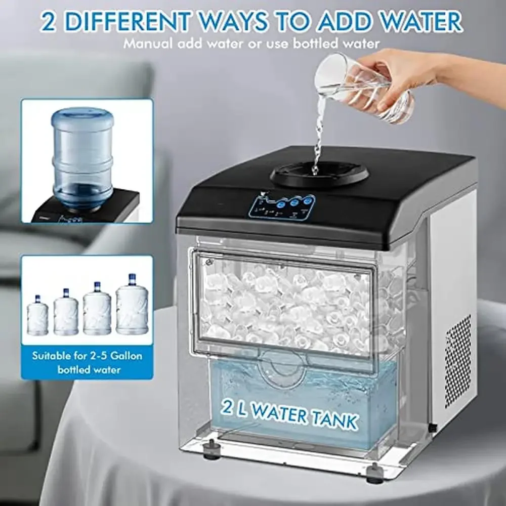 Countertop Ice Maker Water Dispenser Combo 48LBS/24H S-M-L Bullet Ice 6 Mins 5LBS Ice LCD Control Panel Glass Cover Stainless 4