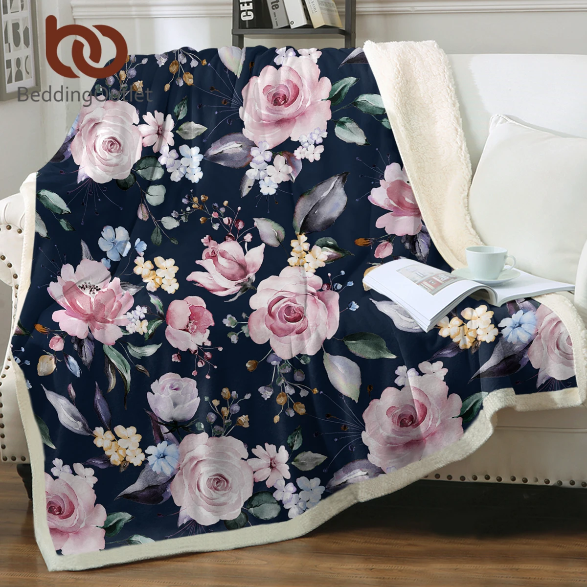 BeddingOutlet Sherpa Blanket Spring Flowers Soft Blanket Black for Bedroom and Hotels Beautiful Flowers for Girls