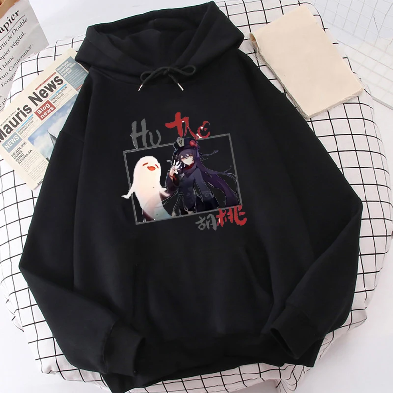

Harajuku Hoodie Aesthetic Men Streetwear Genshin Impact Pullover Hu Tao Ghost Elves Printed Oversized Sweatshirt Winter Women