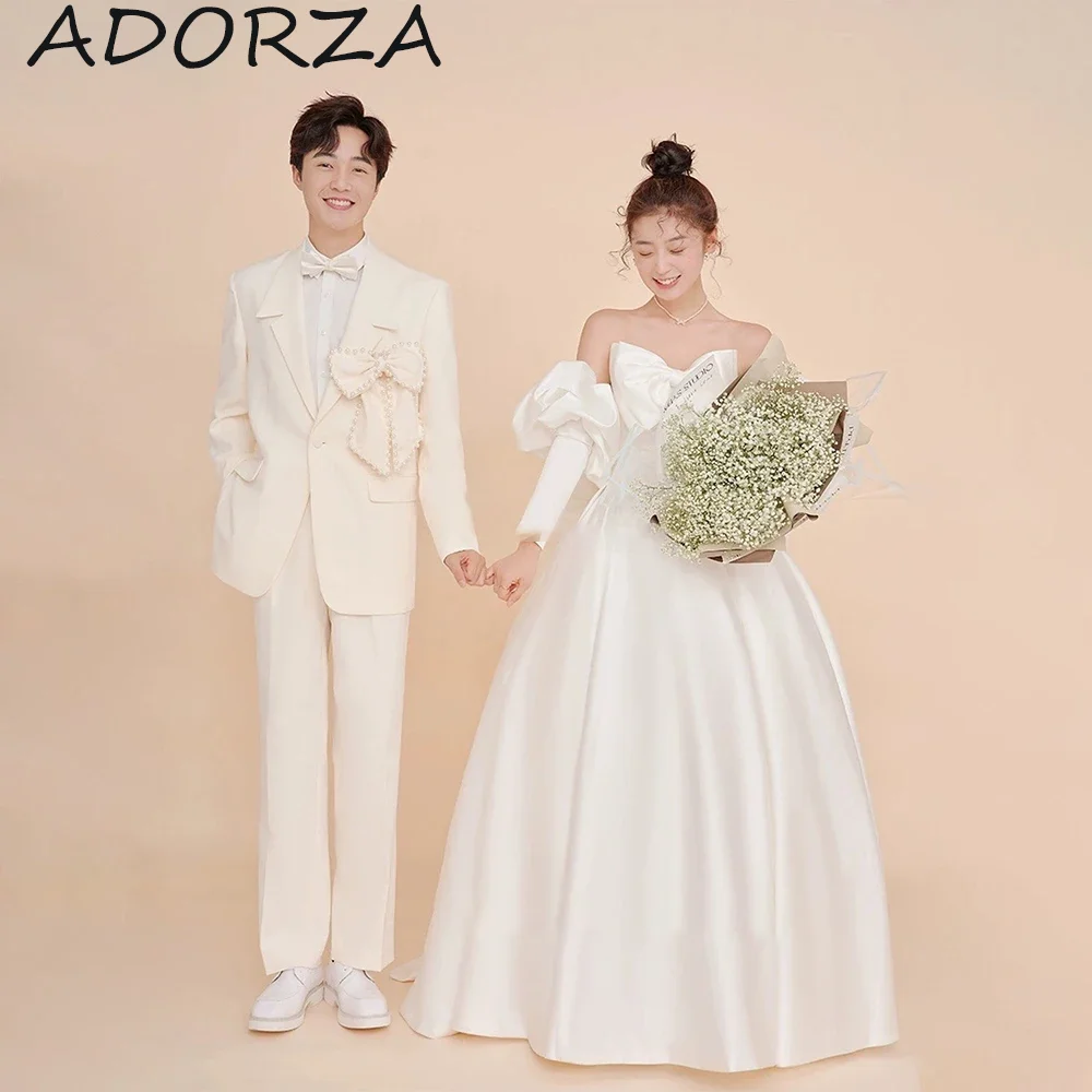 

Корейское свадебное платье-трапеция ADORZA, простое мягкое атласное свадебное платье с V-образным вырезом, съемные перчатки, декоративные перчатки