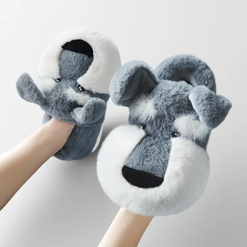 

Cute Fluffy Schnauzer Slippers Women's 3D Animal Home Fur Loafer Unisex Mules Shoes New Indoor Slippers Family Matching Shoes