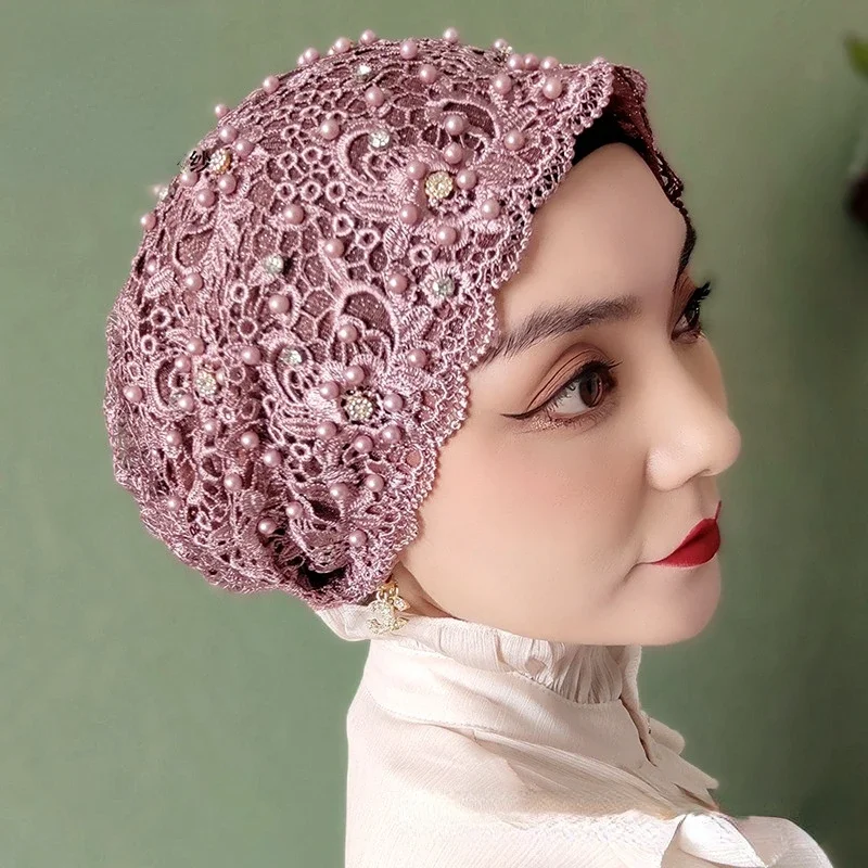 Beading Muslim Turban Caps Lace Headcover Islamic Wrap Head Turbante Summer Bonnets For Women Embroidery Flower Hijab Church Hat 4