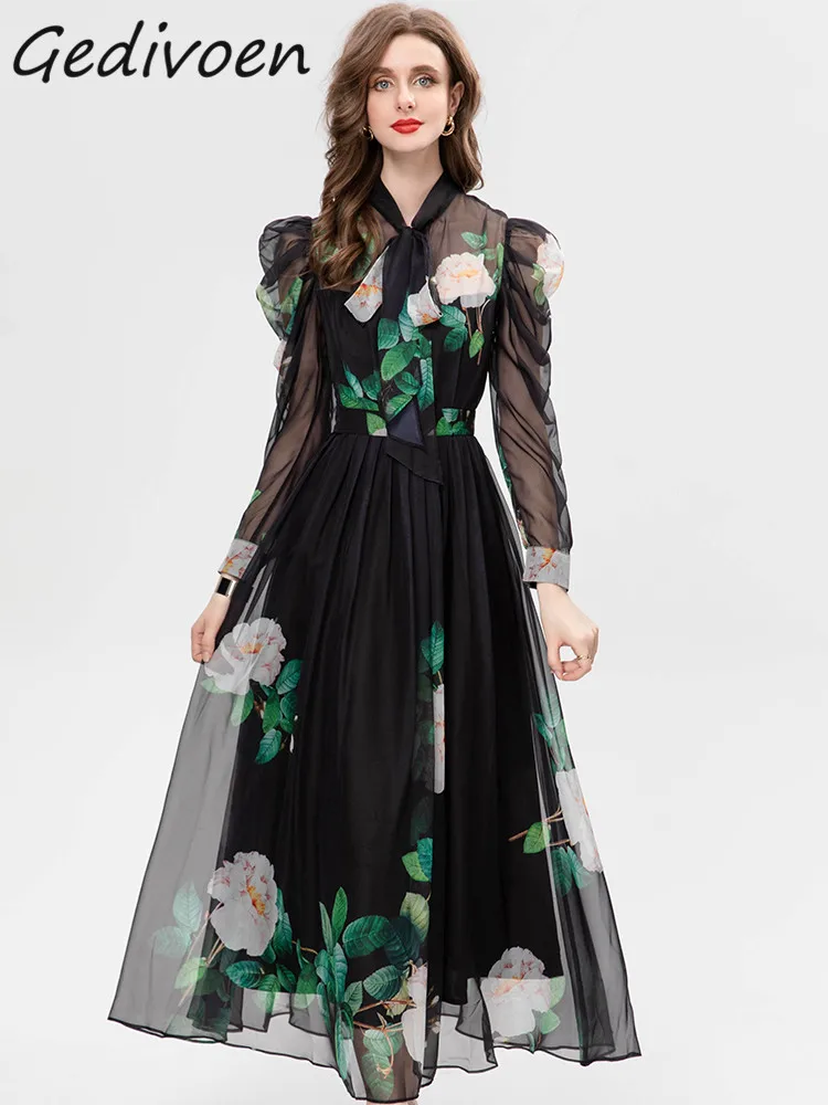 

Gedivoen Autumn Fashion Designer Vintage Floral Print Dress Women Lantern Sleeve Bow-frenulum High Waist Slim A-LINE Long Dress