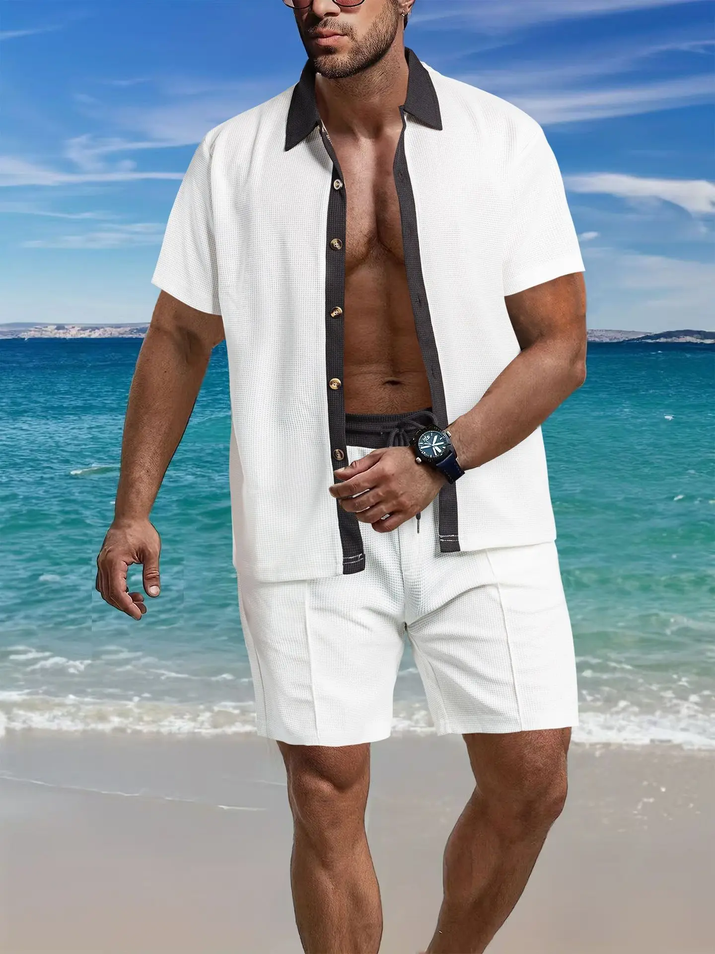 2025 summer men's beach light casual fashion city everything lapel button color shirt short-sleeved shorts set 3
