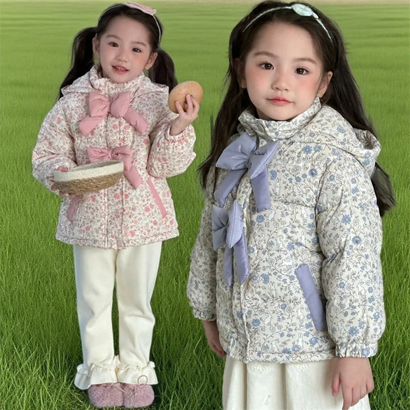الفتيات القوس أسفل معاطف الأطفال الشتاء الأزهار المطبوعة السترات الأميرة مقنعين يندبروف ملابس الطفل الاطفال أزياء ملابس خارجية دافئة