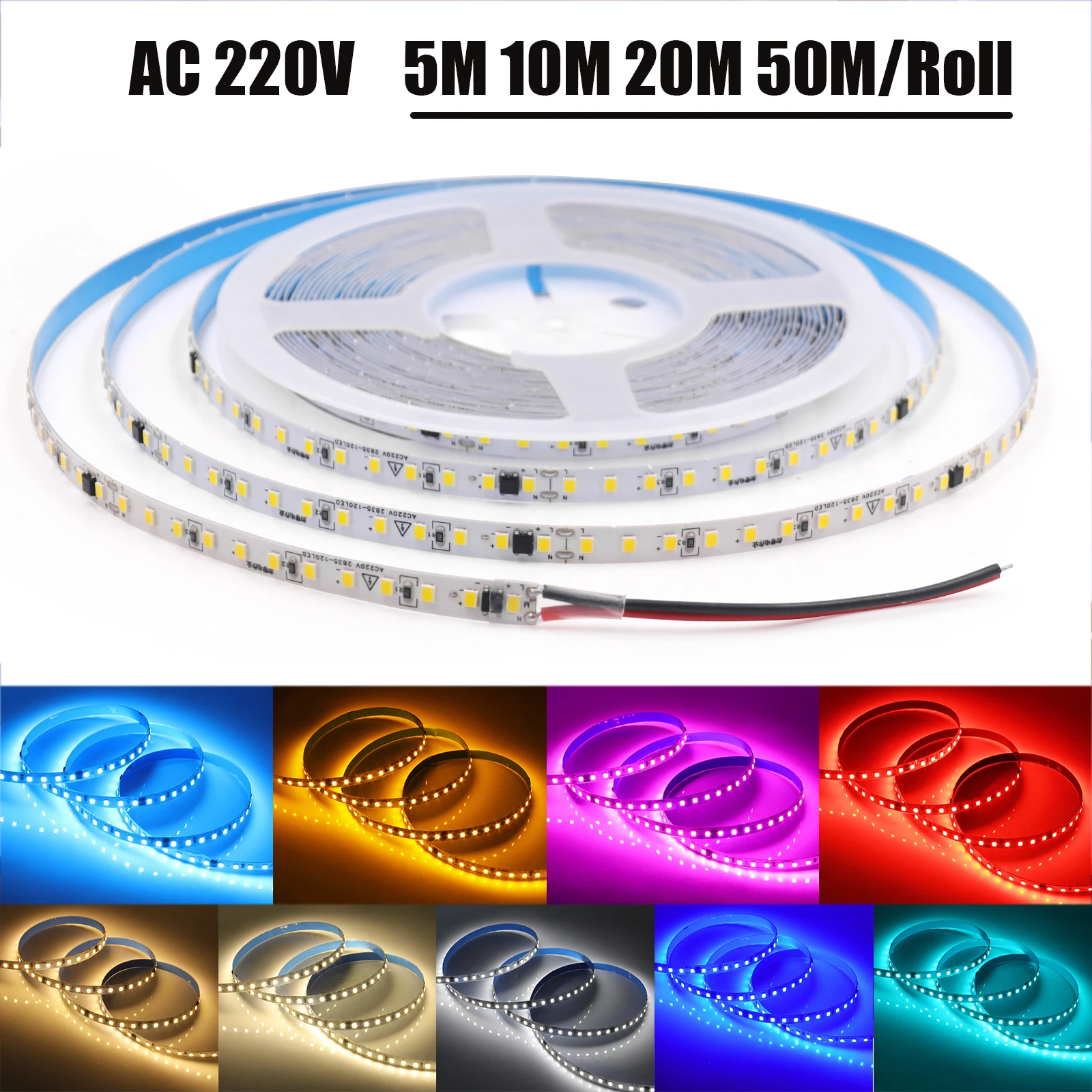 

10M 20M 50M/Roll AC 220V 240V LED Strip Driver Build In 3000K 4000K 6000K Red/Blue/Pink Home Decor Flexible Ribbon Rope Light