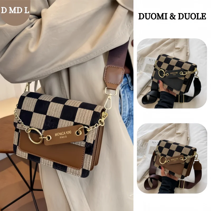 2026SpringRetroTrendyBlack&BrownPlaidPatternPUFabricCrossbodyBagWomen