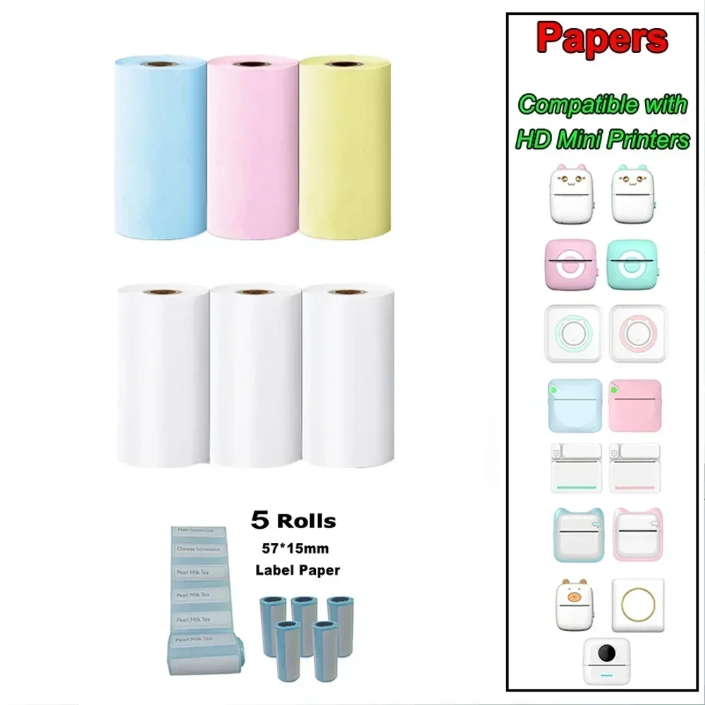 Printing Label Sticker Thermal Paper MINI Printing Self-adhesive Label Sticker For Mini Printers Pose Machine Kid Camera Stickers 57mm Width Rolls