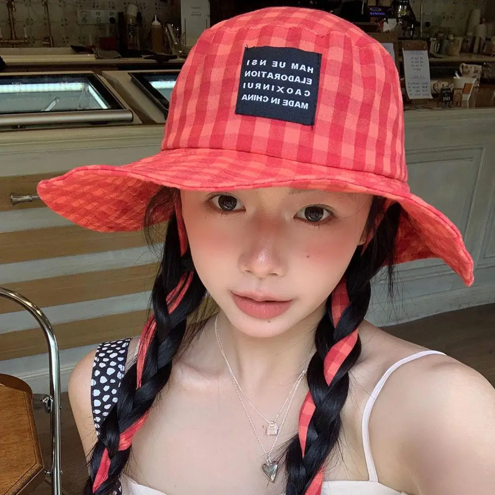 

Sun Protection Hat Plaid Wide-brimmed Lace-up Women's Fisherman Summer Hat Retro Sunshade Hat Niche Anti-UV Fashionable N5M9