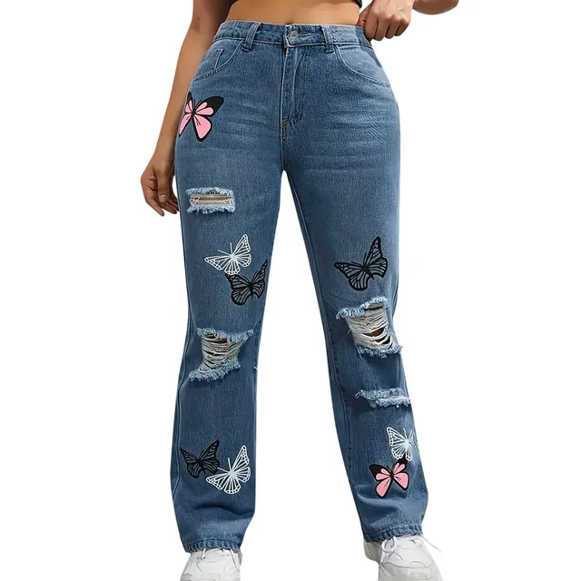 Women's High Waist Button Up Butterfly Print Jeans Fashion Casual Straight Pants for Women Spring Summer 2024 Chic Ripped Jeans 4