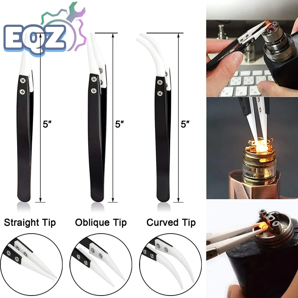 Ceramic Tweezers Highly Heat Resistant Non-Conductive Anti-Static Precision Stainless Steel Plier for Electronics Craft Jewelry