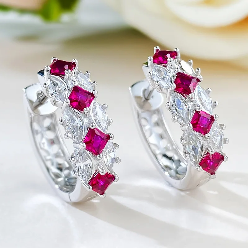 

2023 New Pigeon Blood Red Imitation Diamond S925 Silver Women's Fashion Colorful Treasure Artificial Diamond Earrings