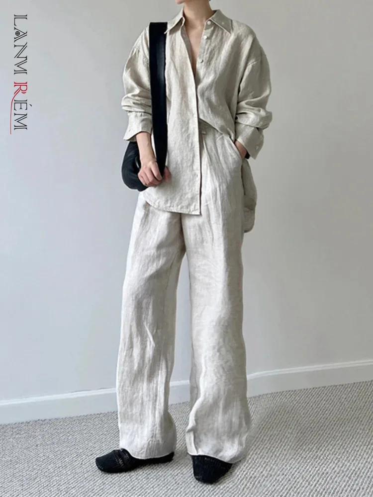 

[LANMREM] Linen 2 Piece Set For Women Lapel Single Breasted Loose Shirts High Waist Wide Leg Pants 2024 Summer New 26D9278