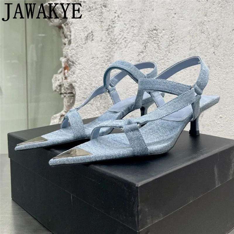 

Blue Jeans High Heel Sandals Women Shoes Hook And Loop Pointed Toe Ladies Shoes Summer 2022 Genuine Leather Designer Shoes Femme