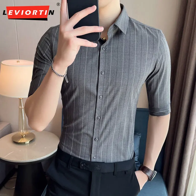 

Plus Size 4XL-M Camisas De Hombre Summer New No-Iron Anti-Wrinkle Business Half Sleeve Striped Shirts For Men Brand Clothing