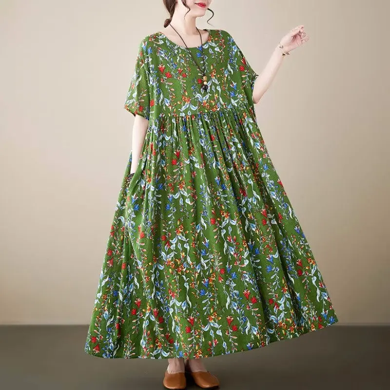 

Oversized Summer Long Dresses For Women 2023 Newest Casual Loose Print Short Sleeve Cotton Linen Dress O-Neck Female Robe Z660