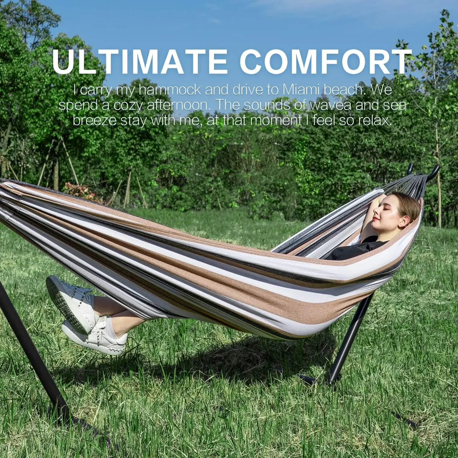 

Double Hammock with Space Saving Steel Stand Included Outdoor 450lb Capacity 2 People Standing Hammocks and Carrying Bag