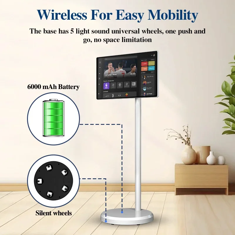 21.5 Inch Interactive Mobile Smart Screen Built in Li-ion Battery Portable TV Android 13 Smart TV 1080P Gaming Monitor on Wheels